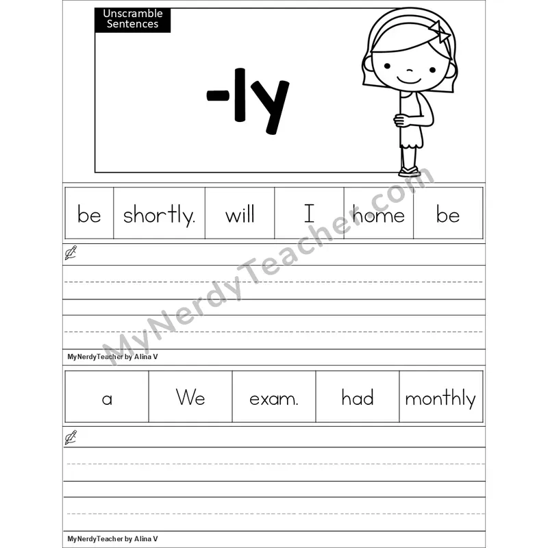Editable Suffix -ly Unscramble Sentences Worksheet (Black and White)