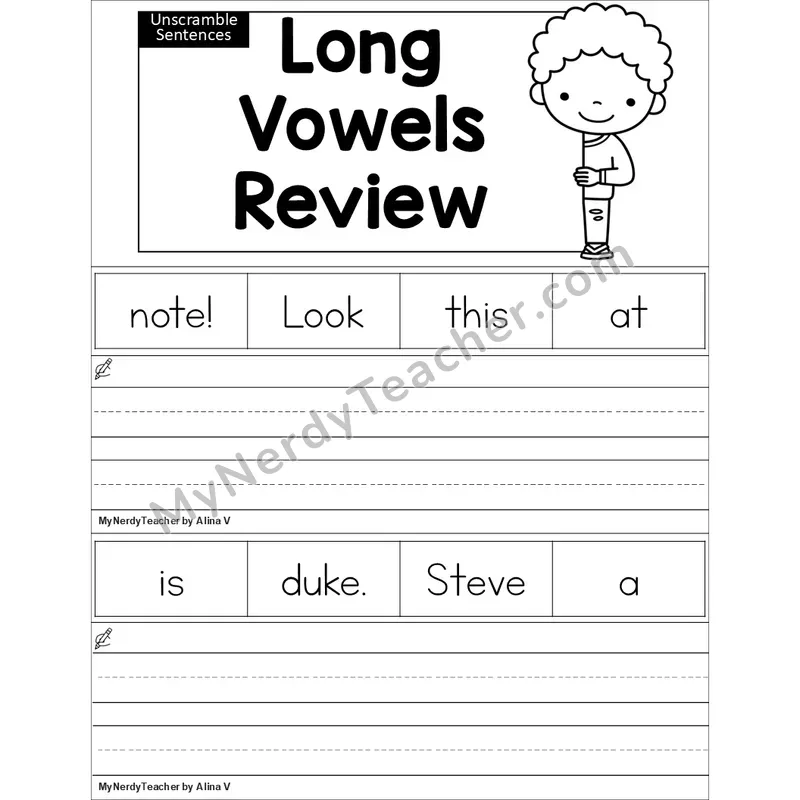 Editable Long Vowels VCe Review Unscramble Sentences Worksheet (Black and White)