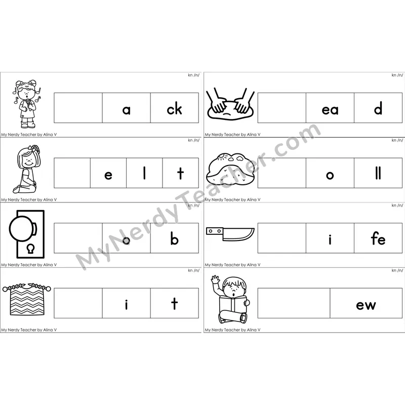Silent kn Missing Beginning Sounds Word Cards (Black and White)
