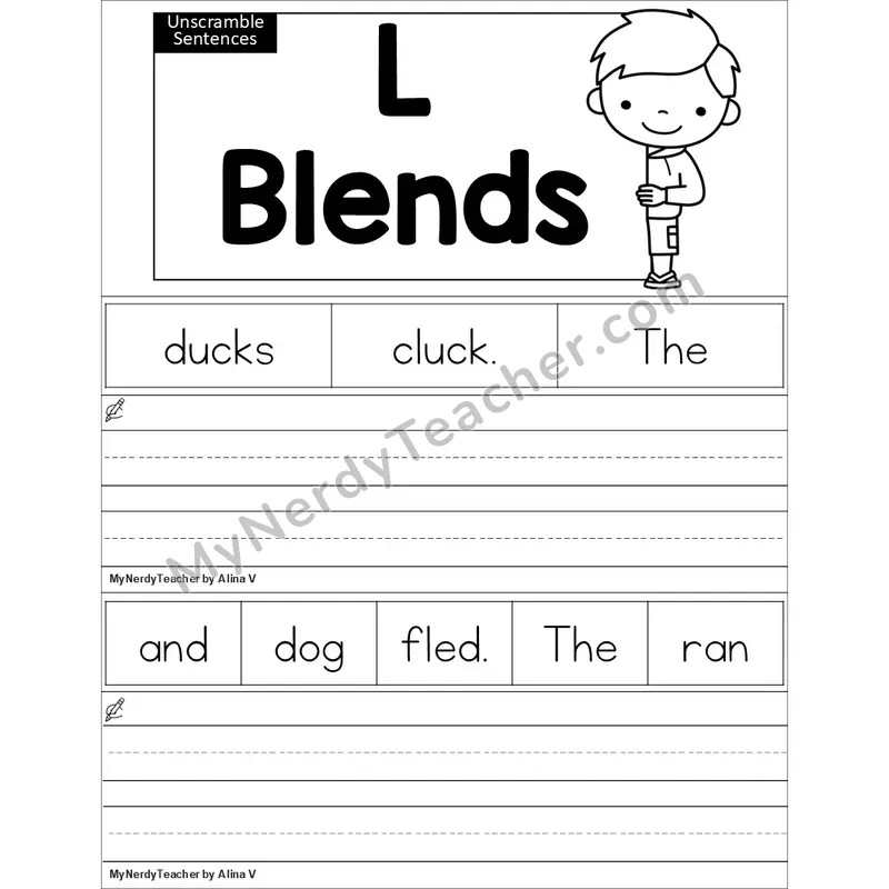 Editable L Blends Unscramble Sentences Worksheet (Black and White)