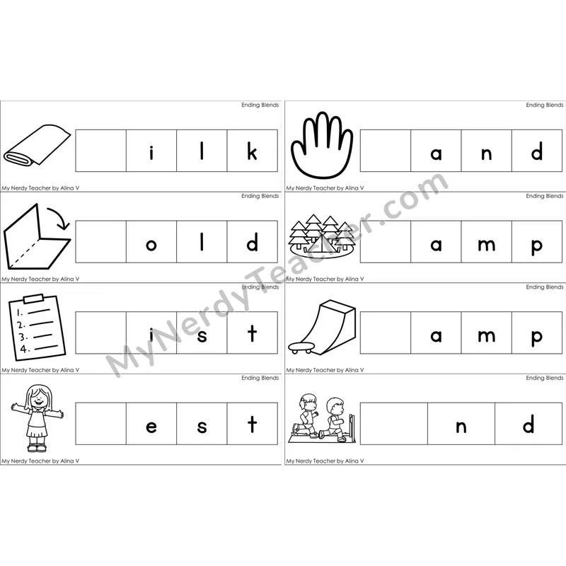Ending Blends Missing Beginning Sounds Word Cards (Black and White)
