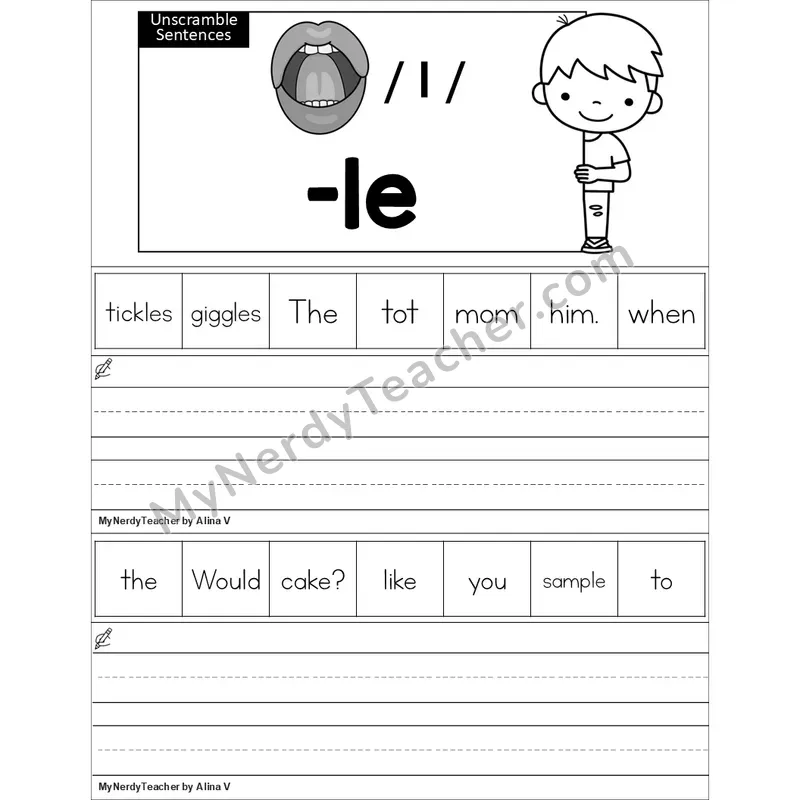 Editable Consonant -le Unscramble Sentences Worksheet (Black and White)