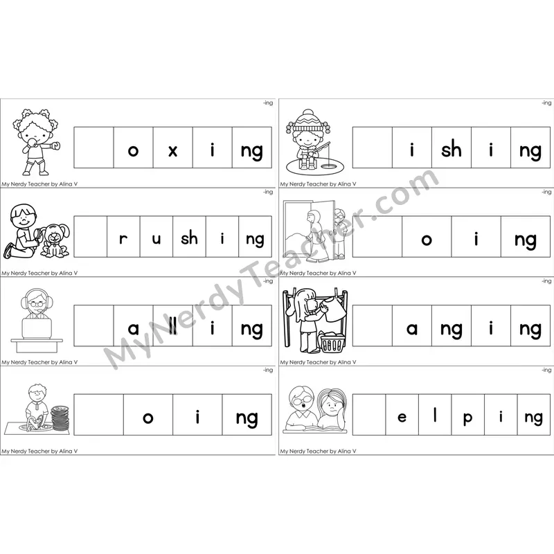 Inflectional -ing Missing Beginning Sounds Word Cards (Black and White)