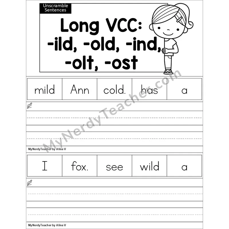 Editable Long VCC (-ild, -old, -ind, -olt, -ost) Unscramble Sentences Worksheet (Black and White)