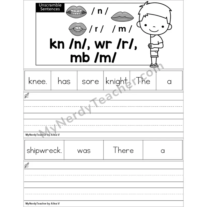 Editable Silent Letters kn, wr, mb Unscramble Sentences Worksheet (Black and White)
