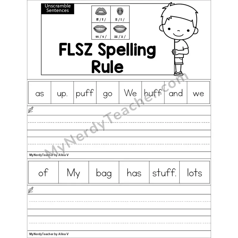 Editable Floss Rule (ff, ll, ss, zz) Unscramble Sentences Worksheet (Black and White)