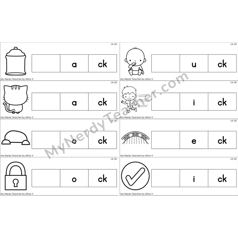 ck Digraph Missing Beginning Sounds Word Cards (Black and White)