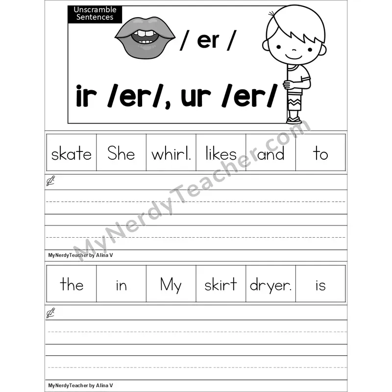 Editable ir, ur (R-Controlled) Unscramble Sentences Worksheet (Black and White)