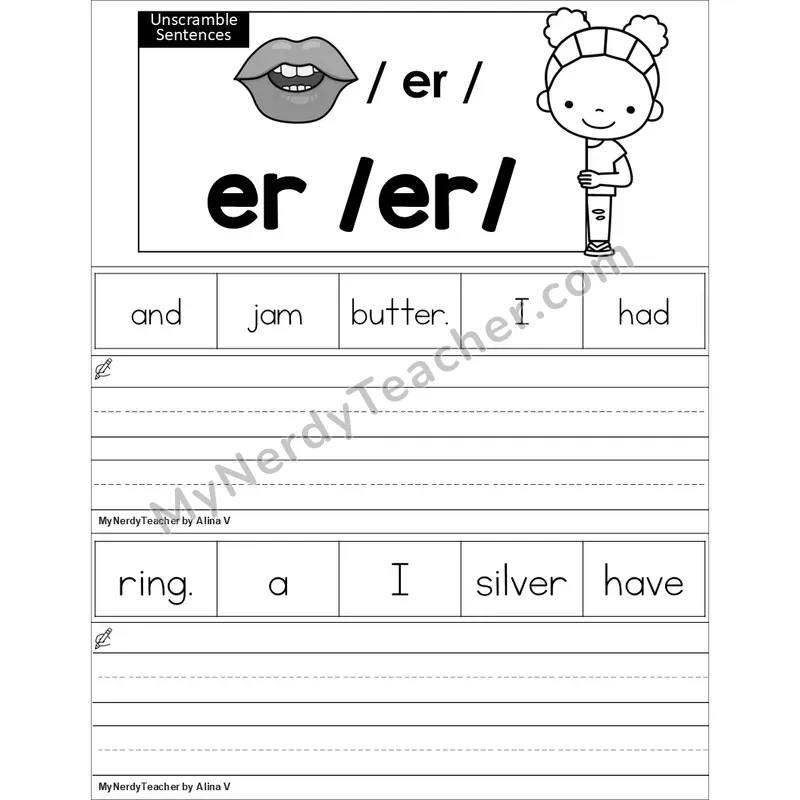 Editable er (R-Controlled) Unscramble Sentences Worksheet (Black and White)