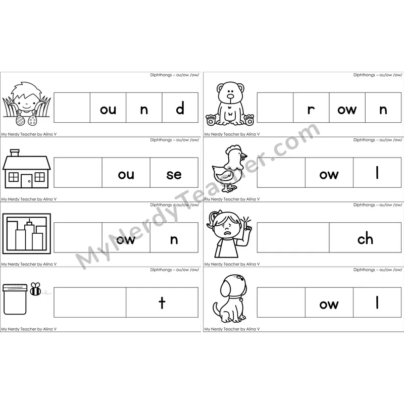 ou, ow Diphthong Missing Beginning Sounds Word Cards (Black and White)