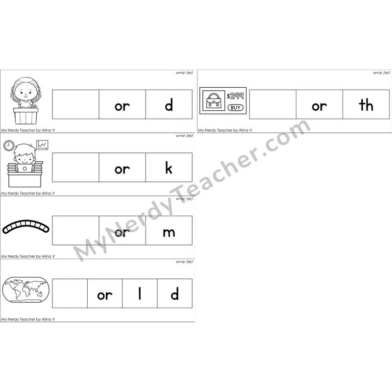 w + or (R-Controlled /er/) Missing Beginning Sounds Word Cards (Black and White)