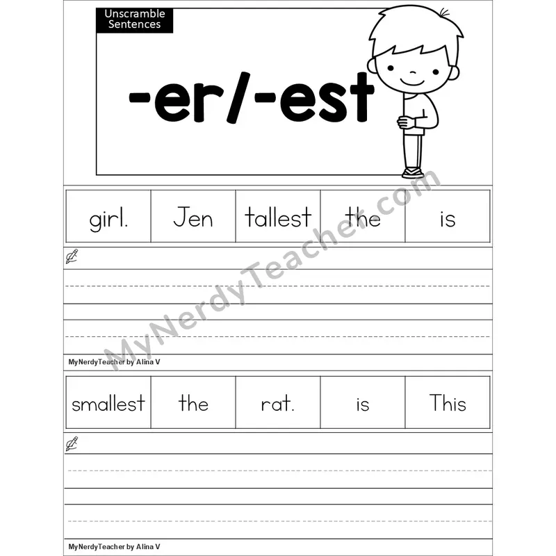 Editable Suffixes -er, -est Unscramble Sentences Worksheet (Black and White)