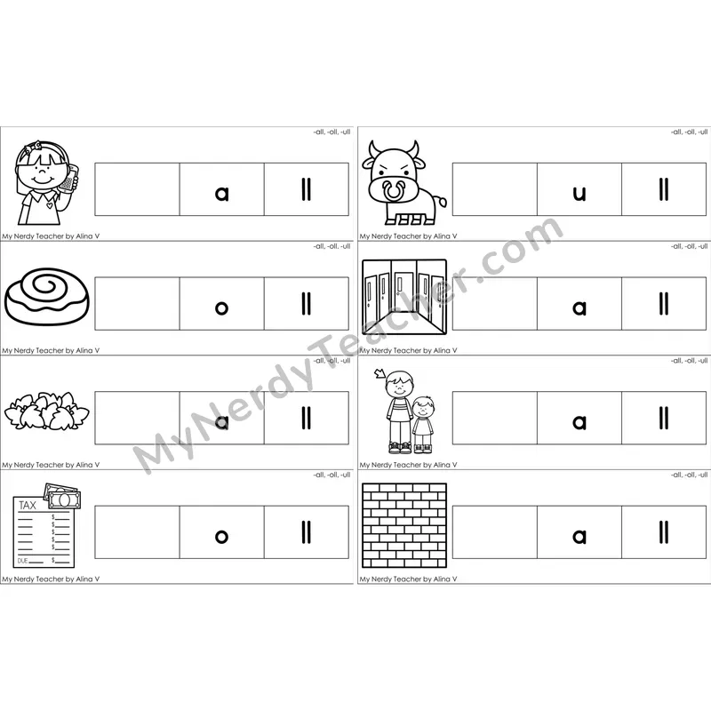Glued Sounds -all, -oll, -ull Missing Beginning Sounds Word Cards (Black and White)