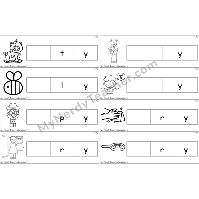 y as Long I Missing Beginning Sounds Word Cards (Black and White)