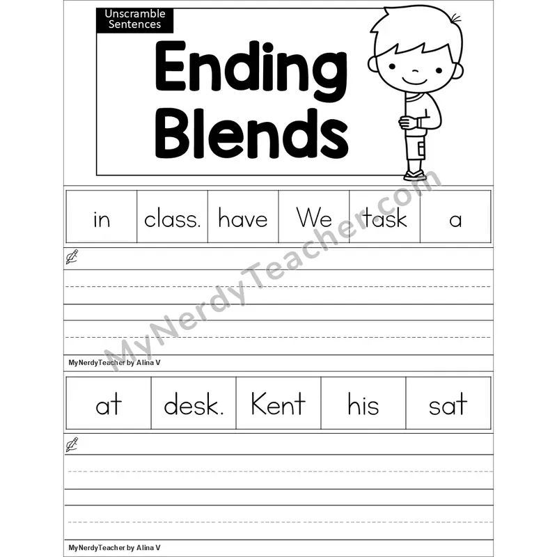 Editable Ending Blends Unscramble Sentences Worksheet (Black and White)