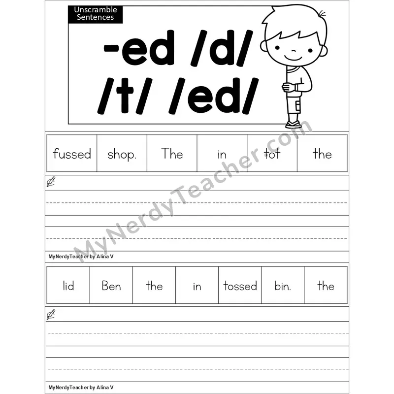 Editable Inflectional -ed Unscramble Sentences Worksheet (Black and White)