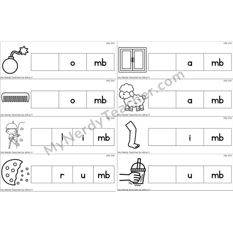 Silent mb Missing Beginning Sounds Word Cards (Black and White)