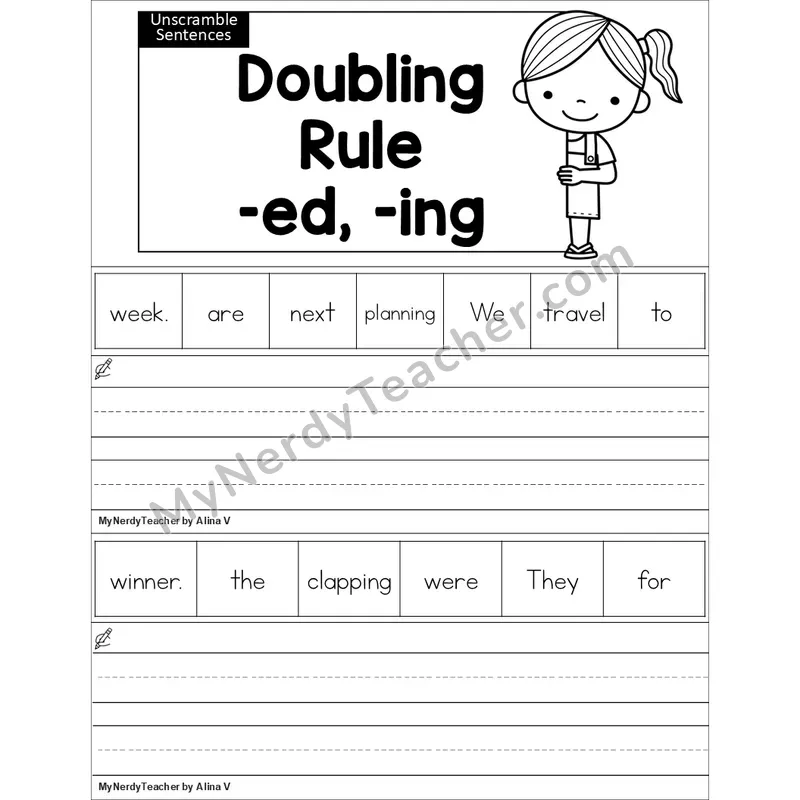 Editable Doubling Rule (-ed, -ing) Unscramble Sentences Worksheet (Black and White)