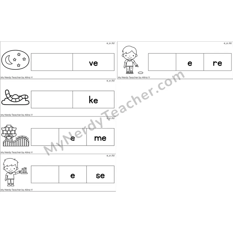 e_e (Long E VCe) Missing Beginning Sounds Word Cards (Black and White)