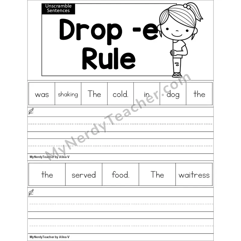Editable Drop -e Rule Unscramble Sentences Worksheet (Black and White)