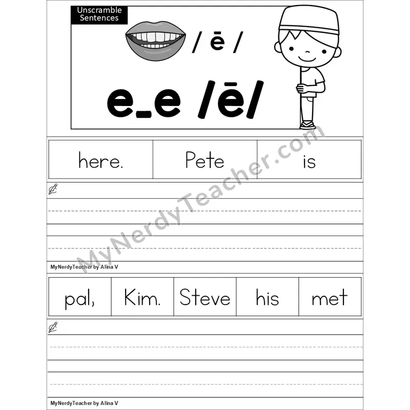 Editable e_e (Long E VCe) Unscramble Sentences Worksheet (Black and White)