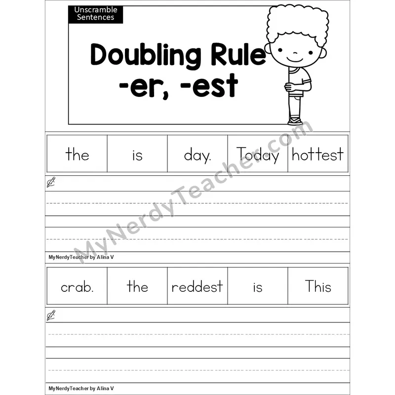 Editable Doubling Rule (-er, -est) Unscramble Sentences Worksheet (Black and White)