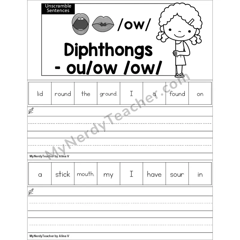 Editable ou, ow Diphthong Unscramble Sentences Worksheet (Black and White)