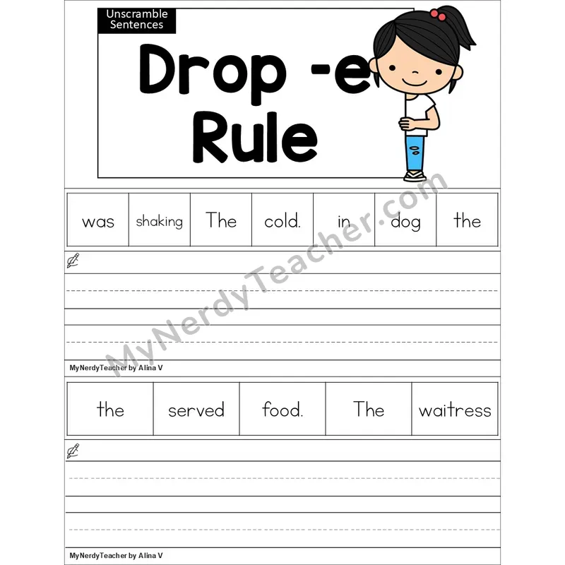 Editable Drop -e Rule Unscramble Sentences Worksheet (Color)