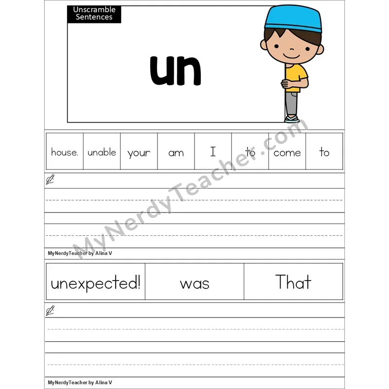Editable Prefix un- Unscramble Sentences Worksheet (Color)