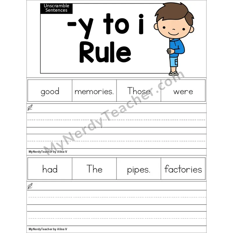 Editable Suffix Spelling: -y to i Rule Unscramble Sentences Worksheet (Color)