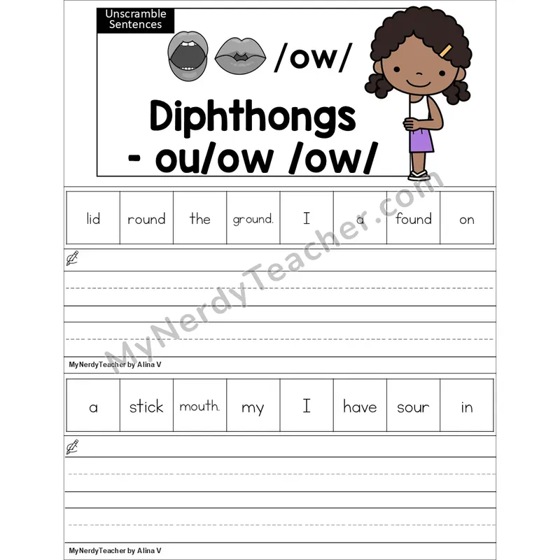 Editable ou, ow Diphthong Unscramble Sentences Worksheet (Color)