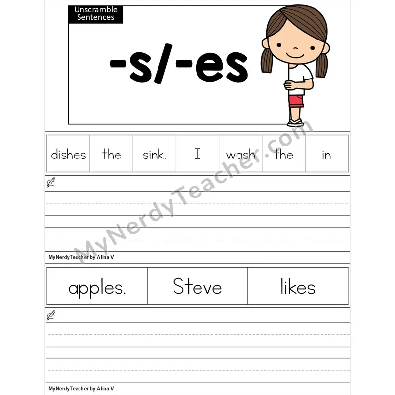 Editable Suffixes -s, -es Unscramble Sentences Worksheet (Color)