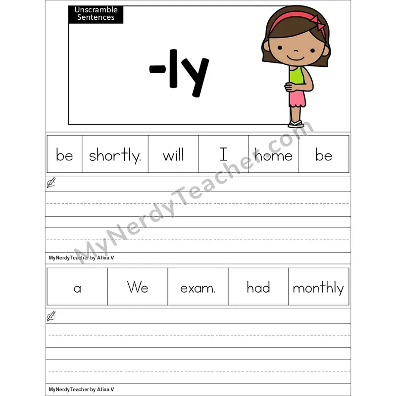 Editable Suffix -ly Unscramble Sentences Worksheet (Color)