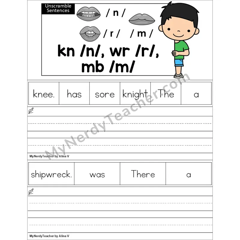 Editable Silent Letters kn, wr, mb Unscramble Sentences Worksheet (Color)