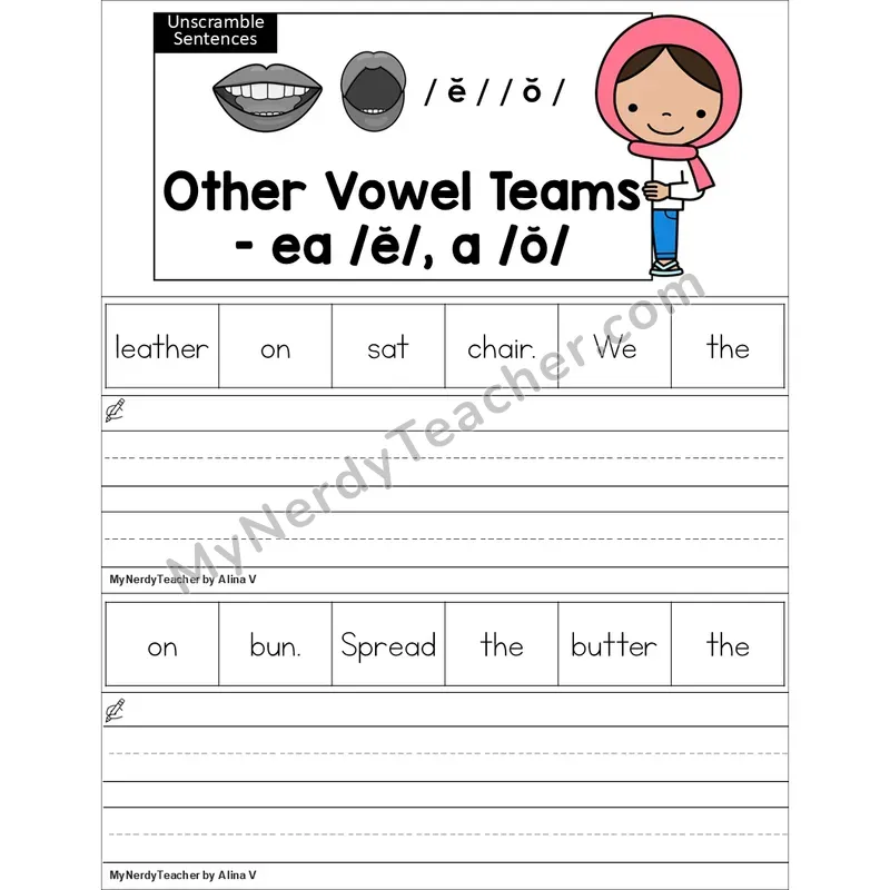 Editable ea (short e), a (short o) Unscramble Sentences Worksheet (Color)