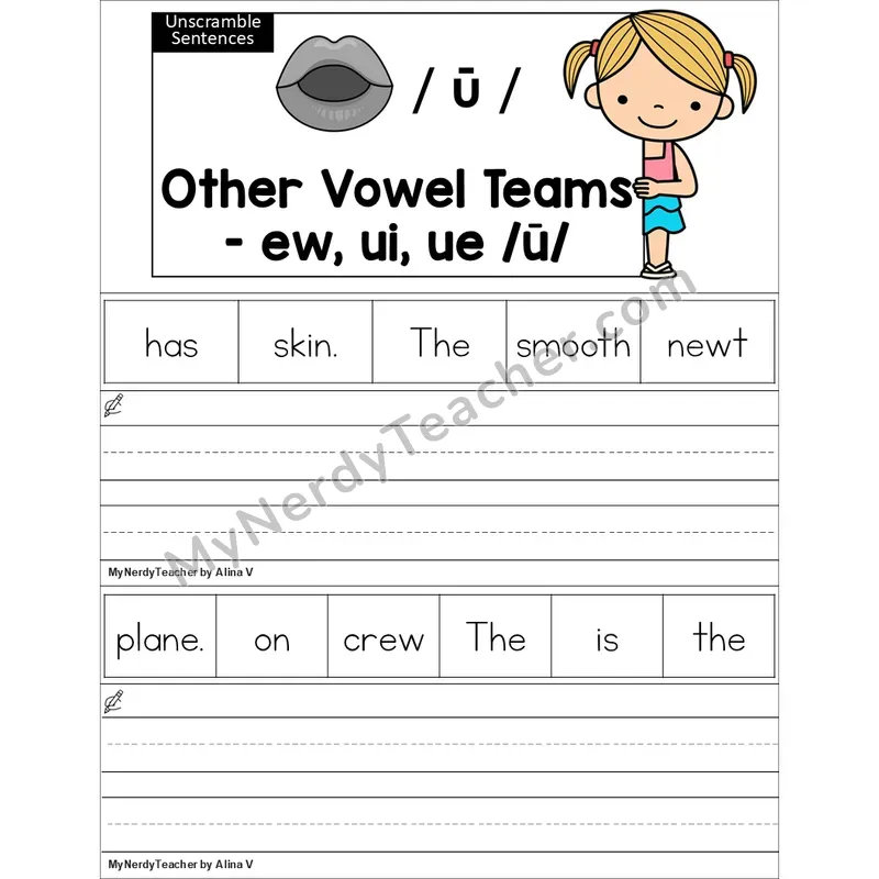 Editable ew, ui, ue Vowel Team Unscramble Sentences Worksheet (Color)