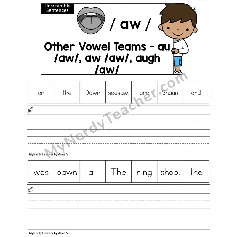 Editable au, aw, augh Vowel Team Unscramble Sentences Worksheet (Color)