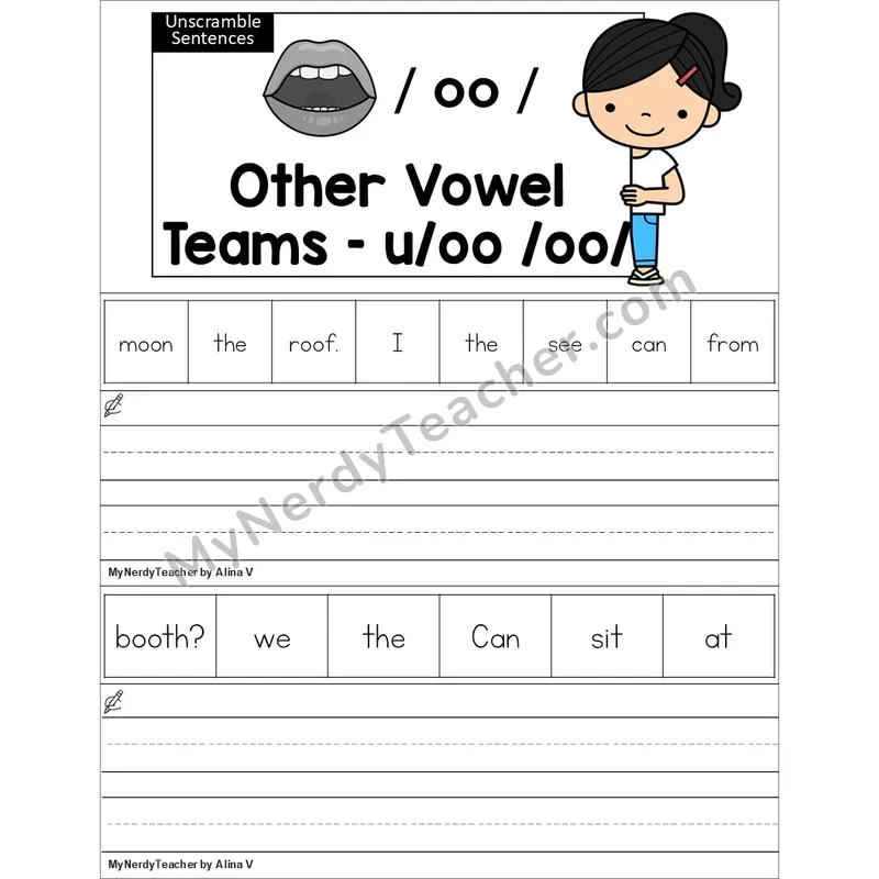 Editable oo (long oo sound) Unscramble Sentences Worksheet (Color)