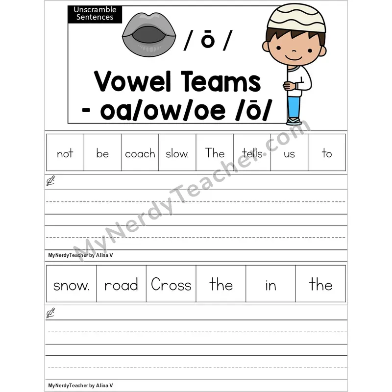 Editable oa, ow, oe Vowel Team Unscramble Sentences Worksheet (Color)