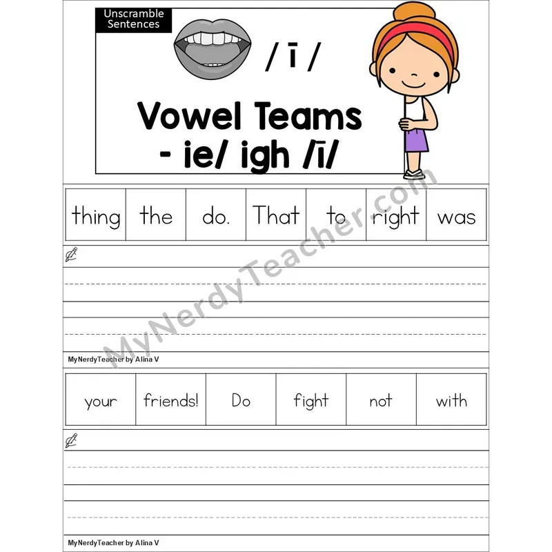 Editable ie, igh Vowel Team Unscramble Sentences Worksheet (Color)