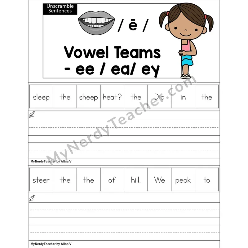 Editable ee, ea, ey Vowel Team Unscramble Sentences Worksheet (Color)