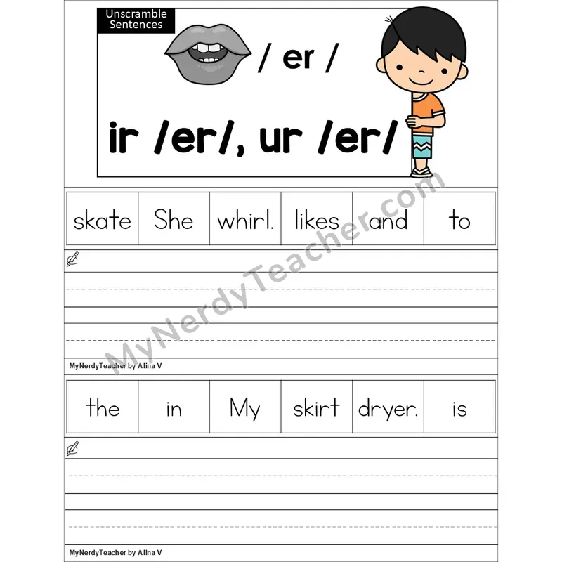 Editable ir, ur (R-Controlled) Unscramble Sentences Worksheet (Color)