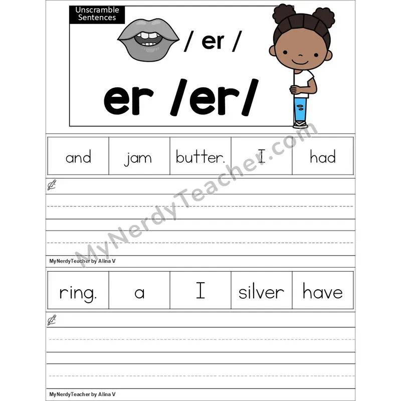 Editable er (R-Controlled) Unscramble Sentences Worksheet (Color)