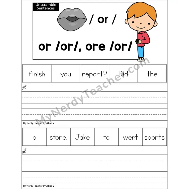 Editable or, ore (R-Controlled) Unscramble Sentences Worksheet (Color)