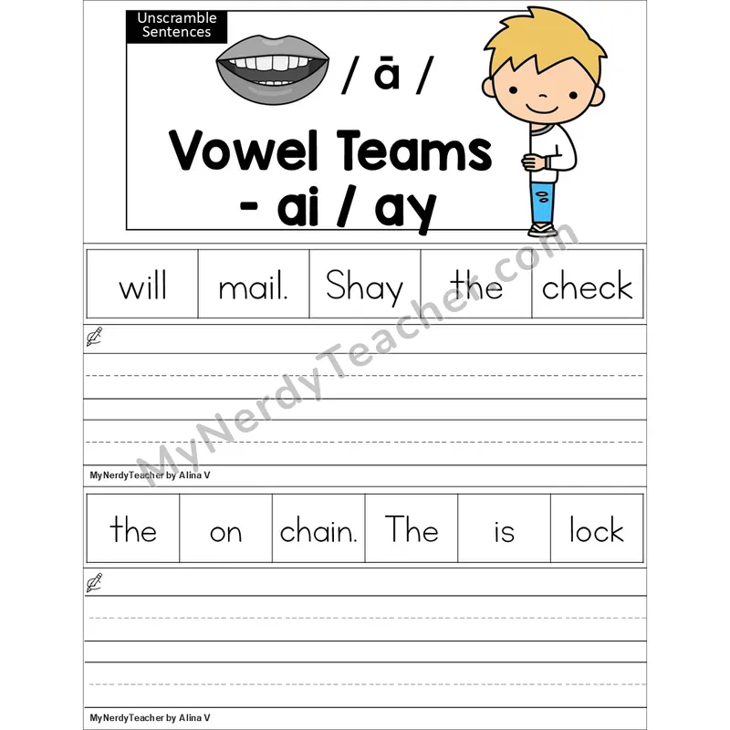 Editable ai, ay Vowel Team Unscramble Sentences Worksheet (Color)