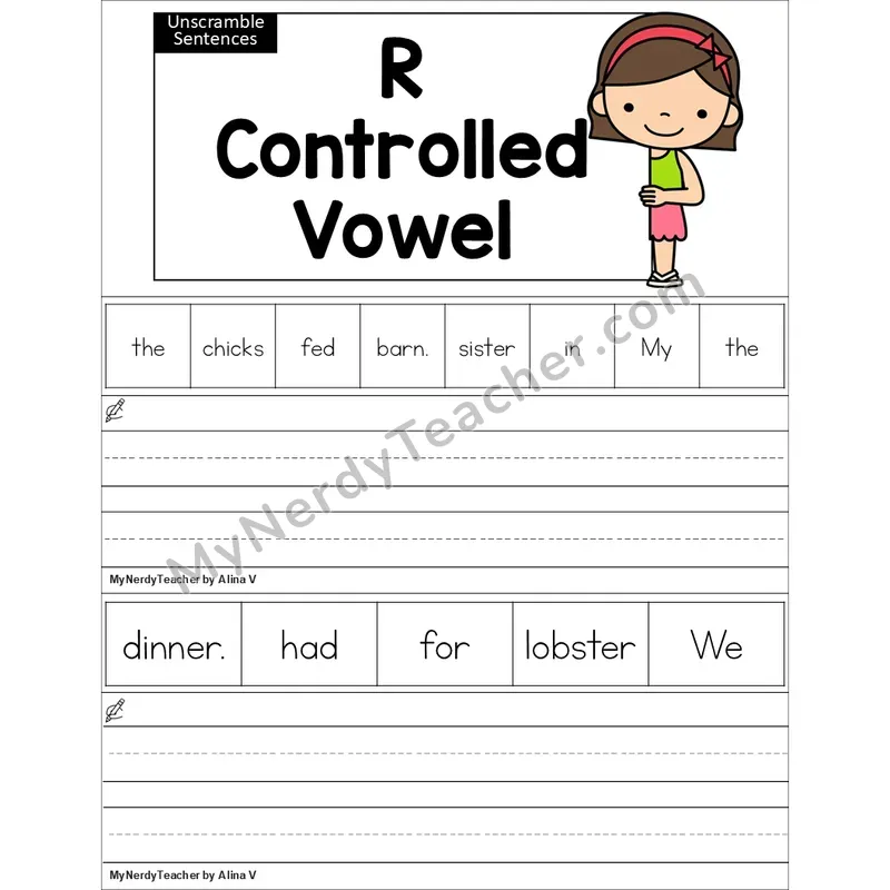 Editable R-Controlled Vowels Review Unscramble Sentences Worksheet (Color)