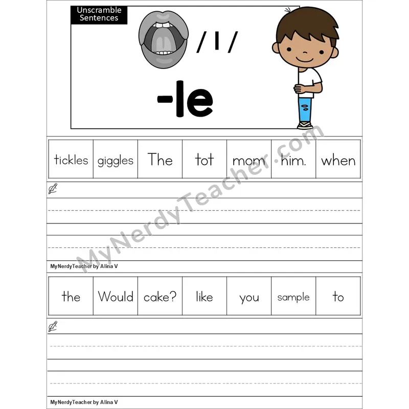 Editable Consonant -le Unscramble Sentences Worksheet (Color)