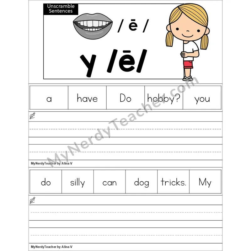 Editable y as Long E Unscramble Sentences Worksheet (Color)