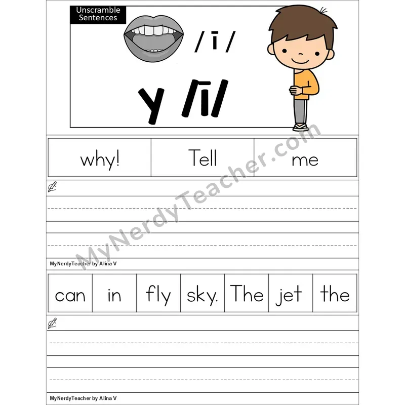Editable y as Long I Unscramble Sentences Worksheet (Color)