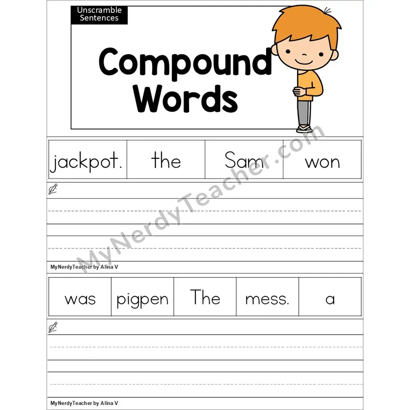 Editable Compound Words Unscramble Sentences Worksheet (Color)